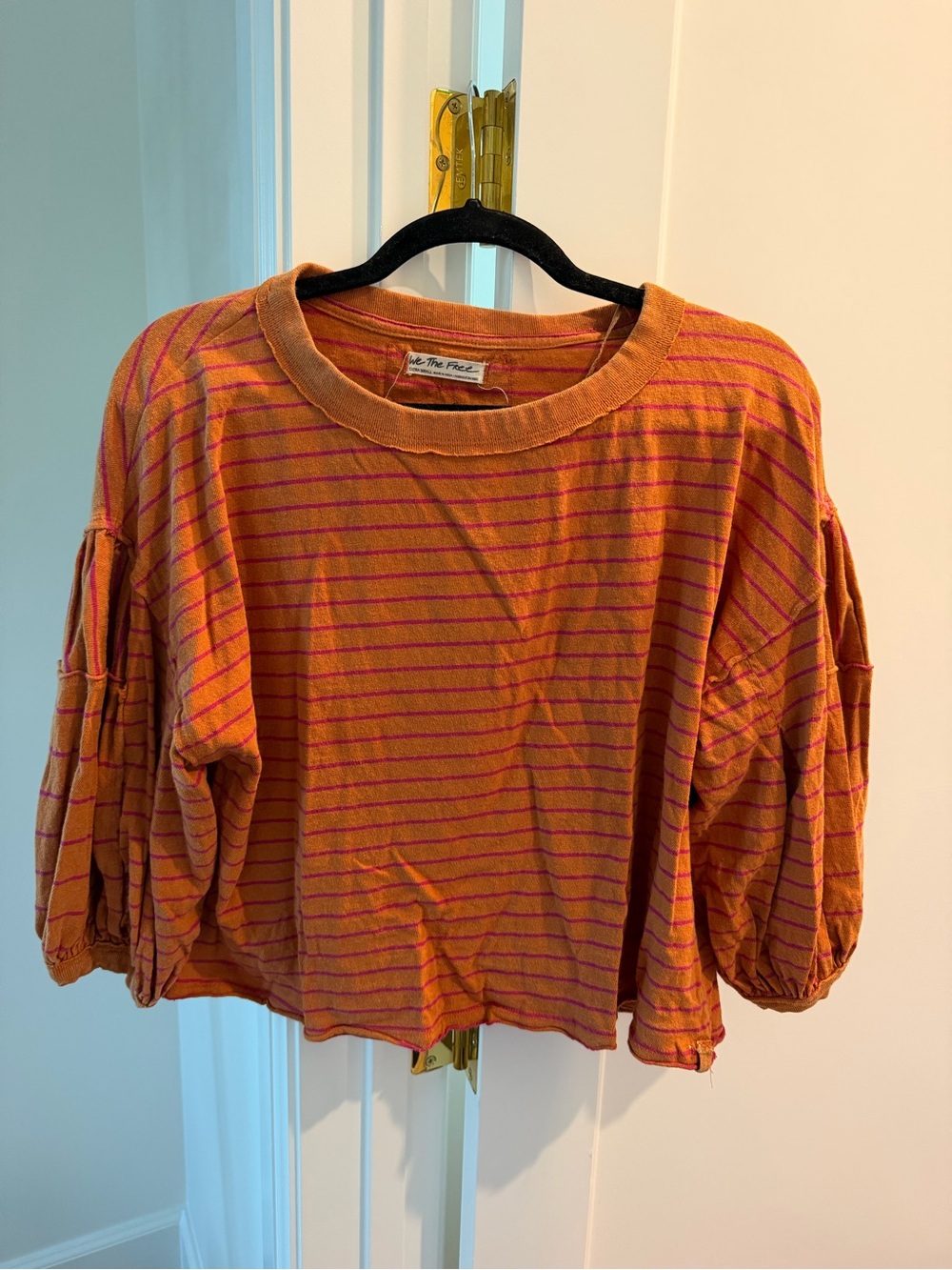 We The Free Orange and Pink Striped Balloon-Sleeve Crop Top